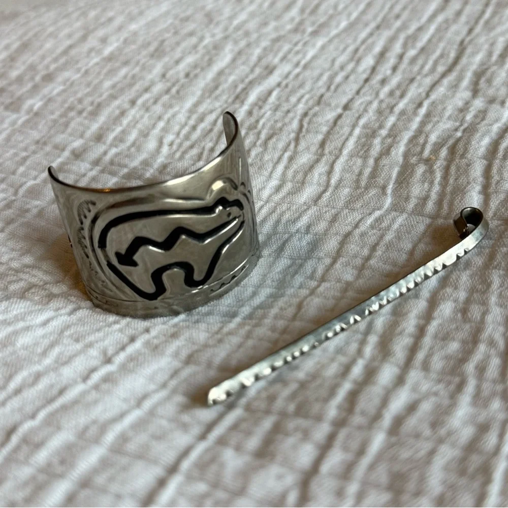 RARE Leander Nezzie Native American silver hair cuff barrette Vintage Navajo